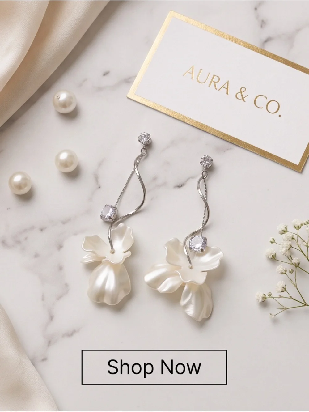 Silver Floral Pearl Drop Earrings with Lilac Stone